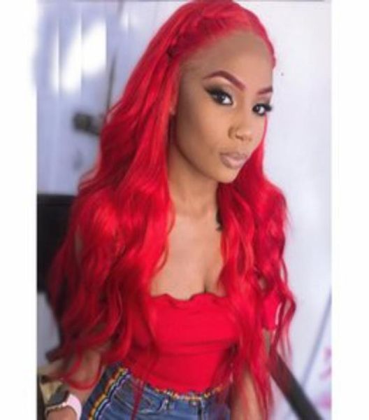 

13x4 lace front human hair wigs with baby hair pre plucked brazilian remy long body wave wig bright red color for women5345347, Black