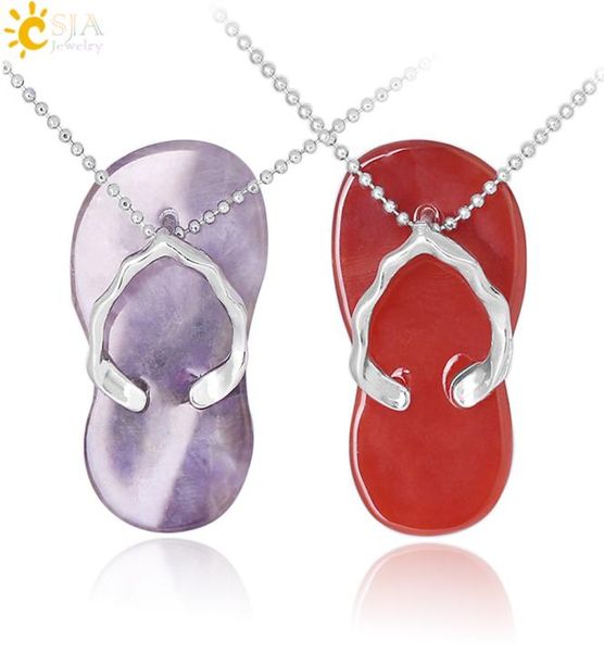 

csja cute slipper shoe charm pendant natural stone necklace green aventurine tiger eye multicolor reiki stone women summer jewelry2688840, Silver