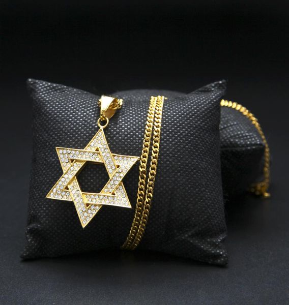 

diamond star of david pendant necklace women men gold silver plated hip hop israel necklace classic david star cross star9572938