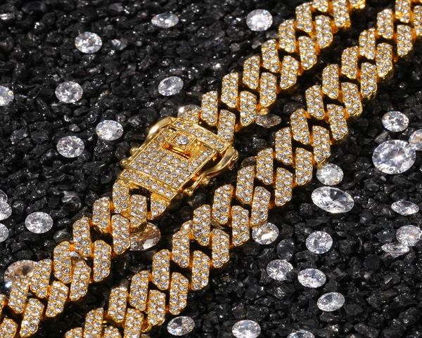 

12mm miami cuban link chain necklace bracelets set for mens hip hop bling iced out diamond gold silver chains9499467