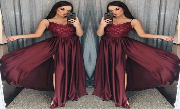 

2019 maroon spaghetti straps prom dresses lace appliques a line side split elastic stain like silk formal occasion evening dr1111635, Black
