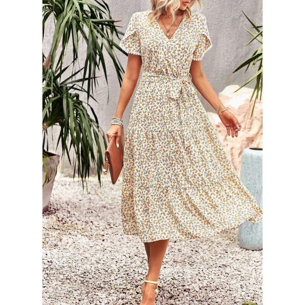 

printed ruffled short sleeves v neck lace up split dress long, Black;gray