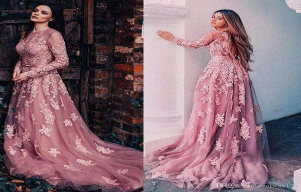 

fashon blush pink tulle long sleeves aline prom dresses with lace appliques belt backless sheer neck long evening gowns vestido5480668, Black;red