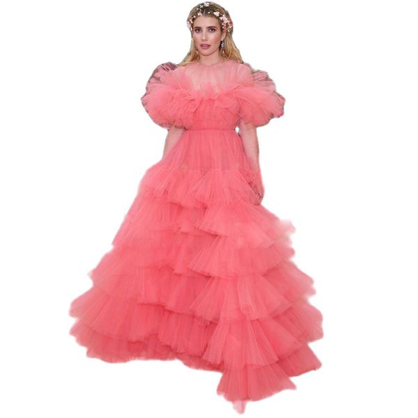 

pink long prom dress 2023 o neck long sleeves layers tulle celebrity gown ruffle pleats womens gala vestidos de novia, Black