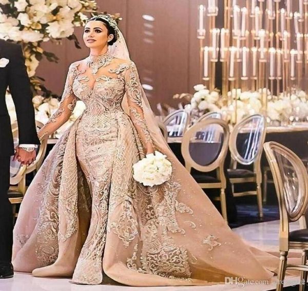 

arabic dubai gorgeous high neck long sleeve wedding dress 2022 mermaid lace appliques detachable train bridal gowns vestido de noi9331249, White