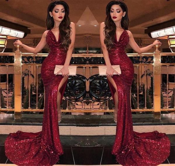 

2019 burgundy v neck sequin mermaid prom dresses split high slits vestidos de fiesta sweep train formal long evening party prom go6627557, Black