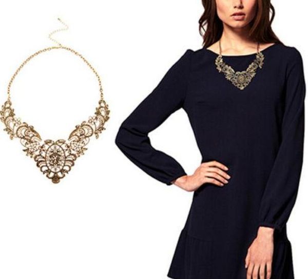 

fashion hollow statement bib choker chain pendant chunky necklace party jewelry antique bronze plated flower luxurious vintage jew5977679, Silver