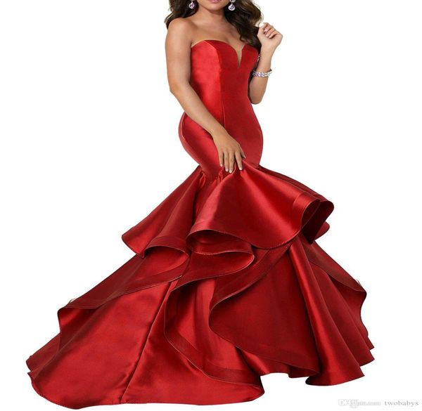 

new designer mermaid satin prom dresses laceup spaghetti ruffles sweep train evening gowns pageant dress formal1590334, Red