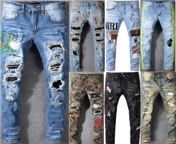 

distressed hole ripped biker jeans slim fit motorcycle denim for men pants fashion mens jeans5320224, Blue