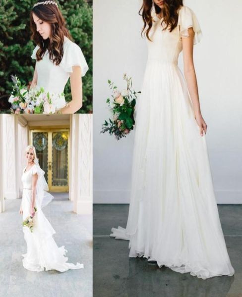 

modest flowy chiffon wedding dresses 2017 beach short sleeves beaded belt bridal gowns queen anne neck informal reception dress4662354, White