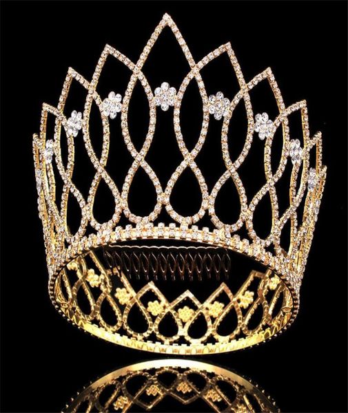 

luxury tall crown huge full tiara round headpiece wedding crystal rhinestone jewelry bridal headdress floral flower hair comb hair9935846, Slivery;golden