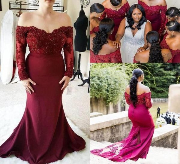 

2019 new burgundy mermaid bridesmaid dresses off shoulder long sleeves lace appliques beads wedding guest dress formal maid of hon2469633, White;pink