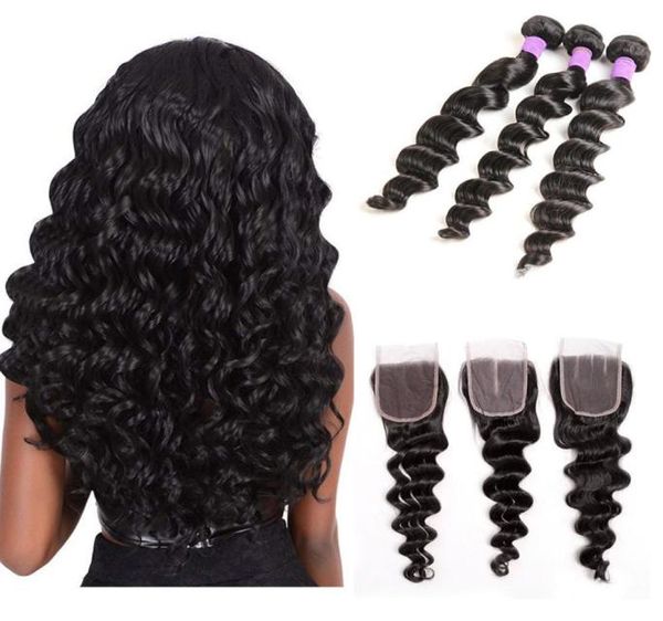

virgin brazilian hair bundles with closure loose deep wave human hair extensions dyeable natural color weft with part lace cl4387138, Black;brown