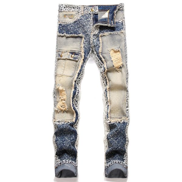

men's pants ripped jeans european jean hip hop men pocket motorcycle slim fit pant mens printed cargo trousers 3460, Black;brown
