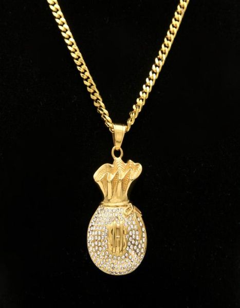 

iced out cz glitter cash money bag pendant stainless steel gold plated cuban chain hip hop necklace1602071, Silver