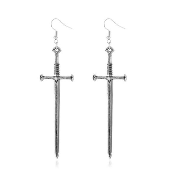 

vintage gothic medieval cool sword charm earrings long female punk ring pentagram moon warrior dagger ear hoops for womens jewelry7437036, Golden