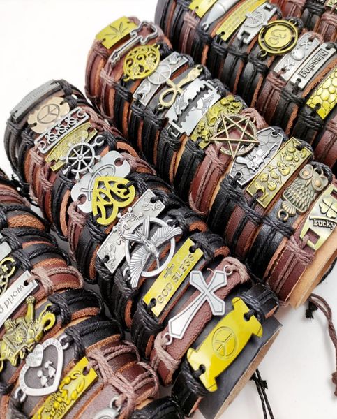 

fashion 12pcsbarreled leather bracelets chains cuff bangle mix styles metal handmade weave retro cowhide fit men and women jewelr5184186, Black