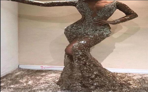 

2019 deep v neck long sleeves sequins mermaid long evening dresses beaded sheer mesh side split backless formal party prom dr8510750, Black;red