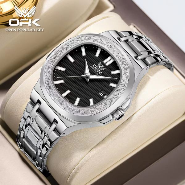 

opk quartz men's watch carved dial single calendar waterproof watch men's watch 40mm, Slivery;brown