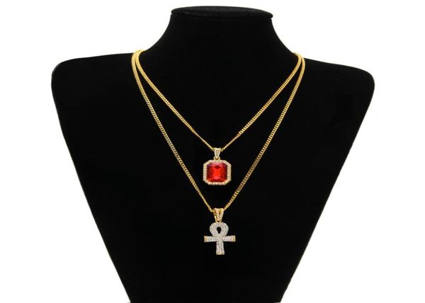 

egyptian ankh key of life bling rhinestone cross pendant with red ruby pendant necklace set men hip hop jewelry1694530, Silver