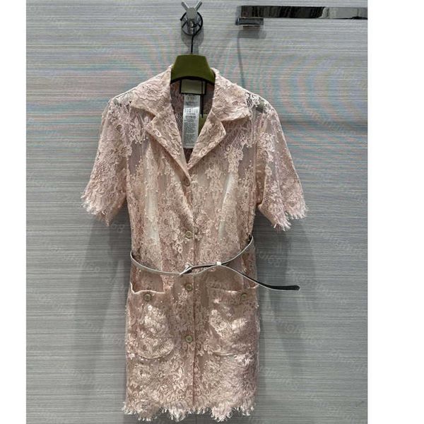 

23ss womens designer clothing women dresses summer dress vintage temperament lapel temperament lace dress with belt womens clothing a1, Black;gray