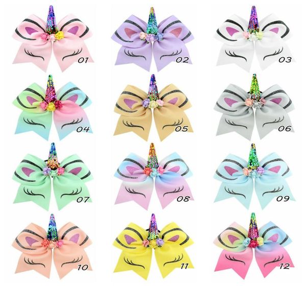 

7 inch 12 colors children unicorn bronzing flip sequins dovetail bow hair bands6396091, Slivery;white