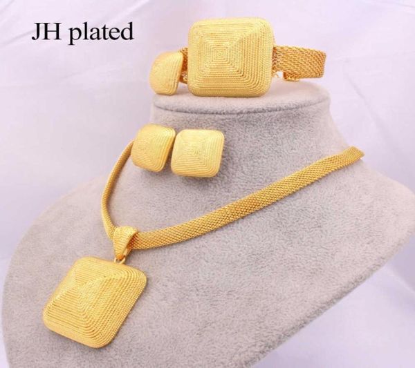 

dubai gold 24k jewelry sets for women african bridal wedding gifts party necklace square earrings ring bracelet jewellery set y2005766135, Slivery;golden