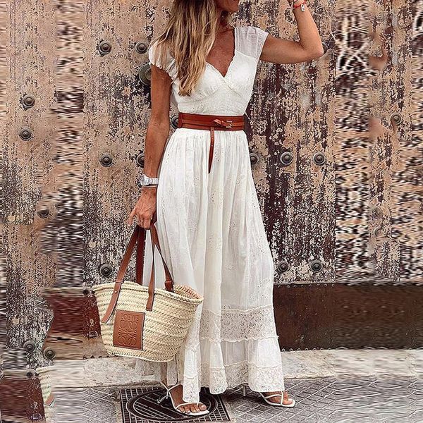 

urban dresses summer dres vintage temperament v neck belt ladies long party female solid hollow out lace loose bohemian maxi 230714, White;black