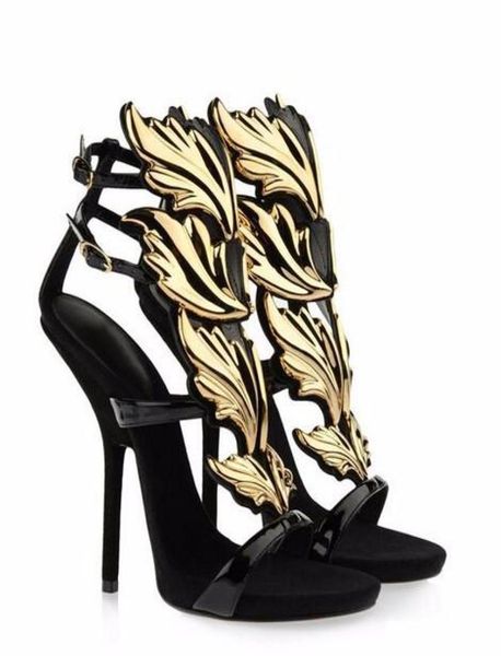 

kardashian luxury women suede cruel summer pumps polished golden metal leaf winged gladiator sandals high heels shoes with origina7358027, Black