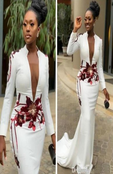 

white mermaid 2020 african evening dresses high neck long sleeves appliques prom dresses deep vneck formal party bridesmaid 1205427, Black