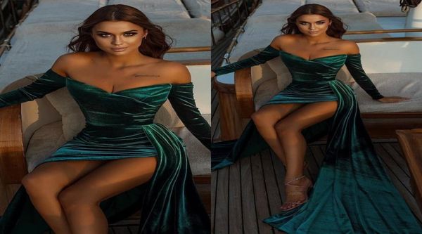 

2022 prom dresses off the shoulder long sleeves high split long train women evening pageant elegant gowns custom made c04197736072, Black
