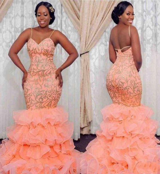 

plus size prom dresses african women wear spaghetti straps appliques tiered ruffles mermaid evening gowns 2k19 back party dre5605517, Black