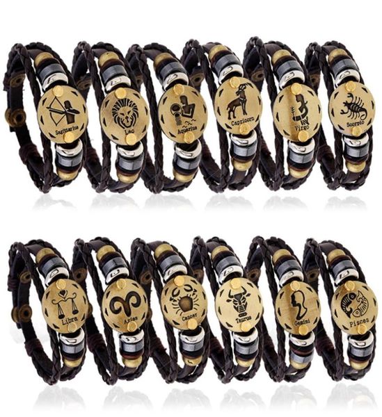 

12 zodiac sings bracelets fashion jewelry leather men039s and women039s bracelets casual personality alloy vintage punk brac3445379, Black