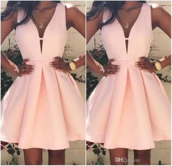 

2017 pink short cocktail dresses v neck backless stain mini stain ruffles prom party dress custom made special occasion g9019426, Black