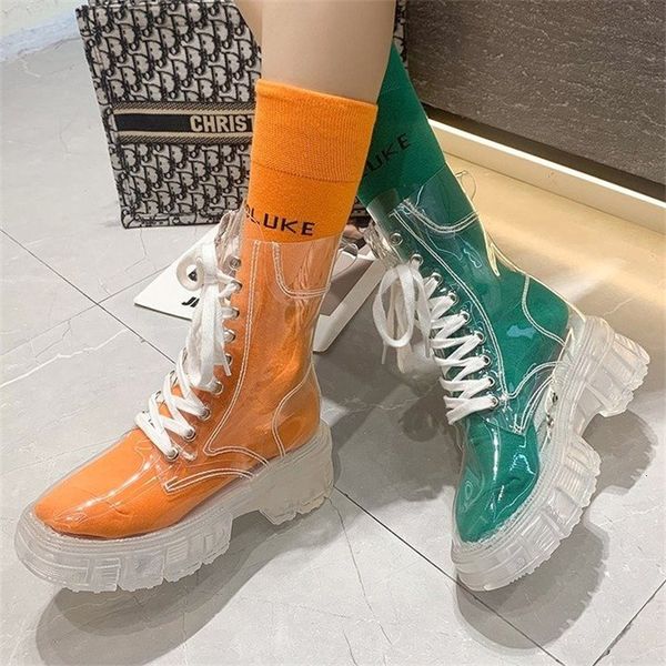 

boots fashion women pu transparent platform boots waterproof ankle boots feminine clear thick bottom rainboots female shoes 230714, Black