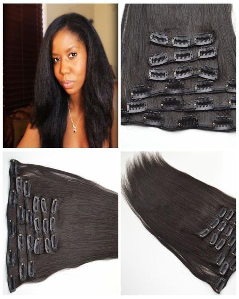 

12inch26inch geasy full head yaki clip in human hair extensions brazilian human hair yaki straight 100 human hair7154177, Black;brown