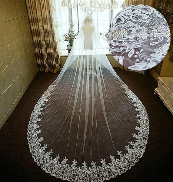 

veil long chapel train one layer bridal veil long wedding veil tulle lace edge pearls bridal accessories6430637, Black