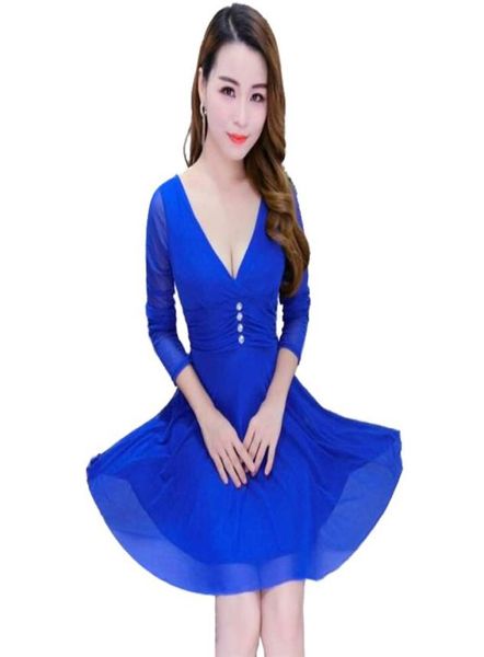 

nightclub party dress europe us girls deep v neck yellow blue crystal beading three quarter sleeve chiffon patchwork lace ple1560923, White;black