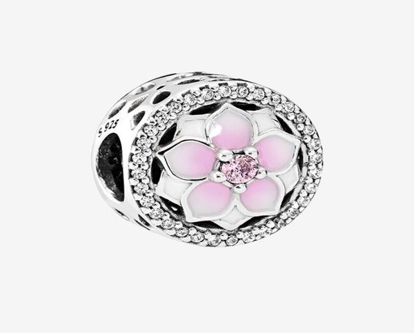 

pink magnolia flower charm women's jewelry bracelet making accessories for 925 sterling silver beads charms with original box2546983, Black