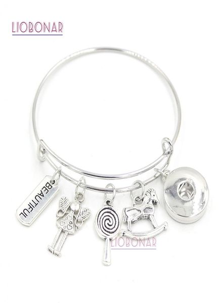 

new arrival diy snap jewelry beautiful little girl lollipop rocking horse charm bracelet bangle snap button bracelets for teenth g7583391, Golden;silver
