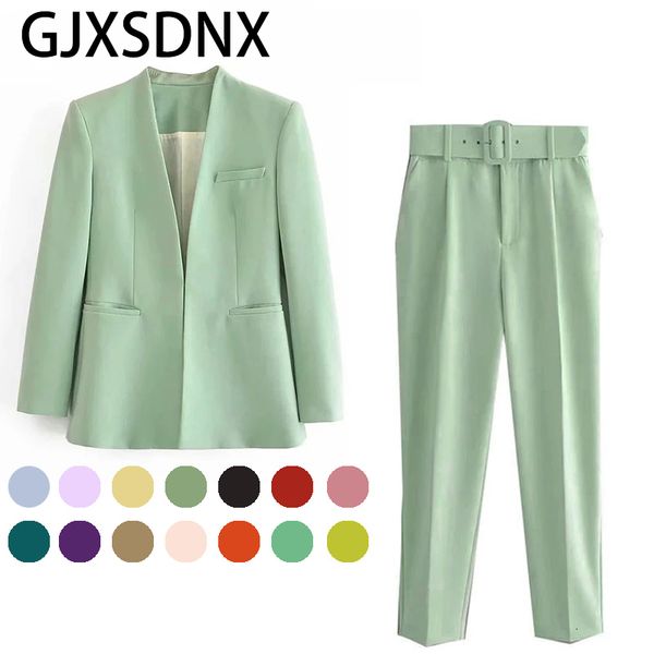 

women s two piece pants gjxsdnx women fashion pieces sets traf office wear blazers coat and with belt high waist simple solid color suit 230, White