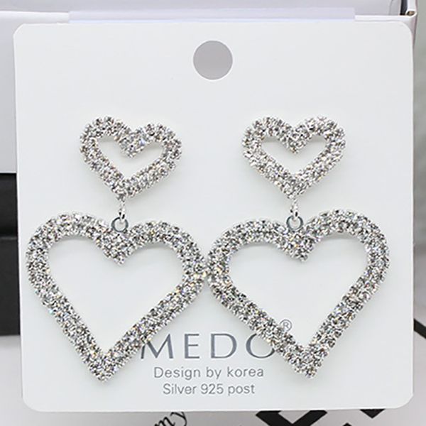 

europe and the united states fashion exaggerated diamond s925 silver needle double love earrings temperament everything long heart earrings