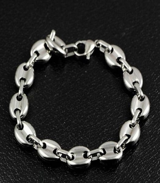 

866 10mm wide shiny coffee beans link chain bracelet stainless steel silver for men9182581, Black