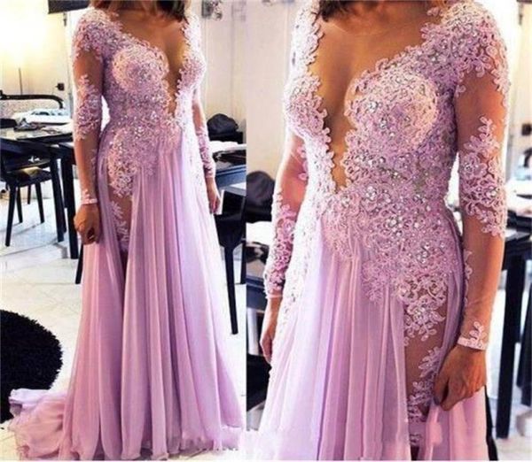 

sheer neck prom dresses beads lace appliques scoop plunging long sleeves evening gowns split chiffon special occasion dress evenin9844860, Black