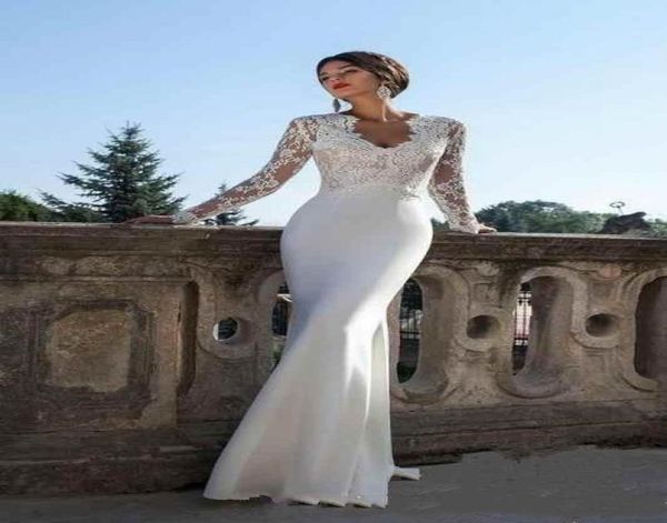 

2020 berta new modest long sleeves sheath wedding dresses v neck lace appliques slim illusion spring summer bridal gowns vestidos 6074503, White