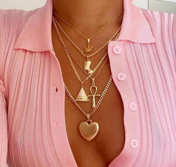

five layers necklace egypt pharaoh pyramids heart pendant ed singapore link chain silver gold color plated metal chain6391814