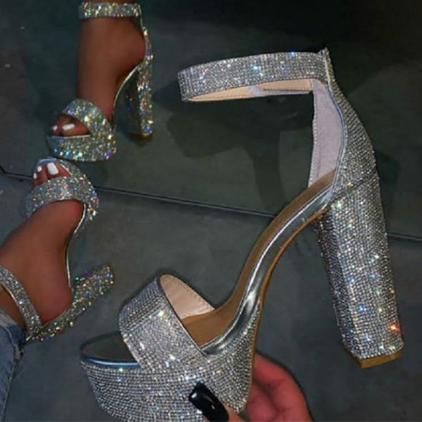 

sandals liyke fashion silver platform sandals summer open toe ankle strap square high heels women party wedding shoes 230714, Black