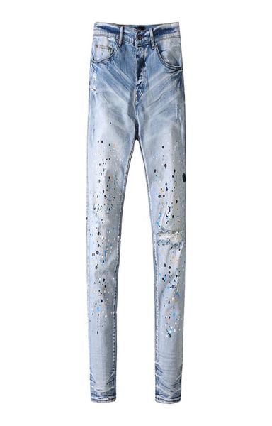 

mens jeans splashink printing hole light blue european and american fashion5749881