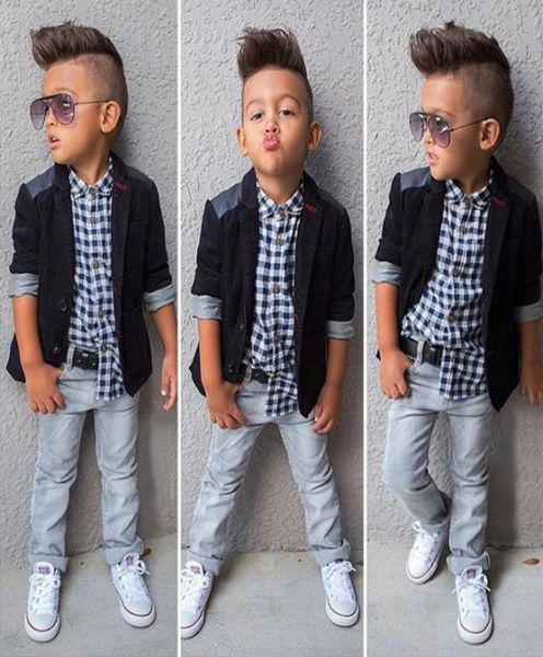 

baby boys gentlemen suit coatplaid shirtjeans 3 pieces clothing sets kids designer boutique clothes children outfits c62852581792, White