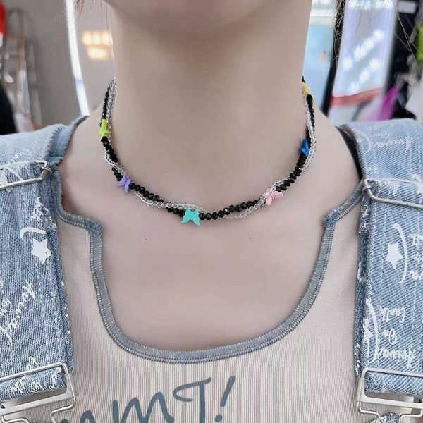 

sweet and cool girl feeling colorful butterfly woven necklace female crystal beaded collarbone sweater chain trendy, Silver